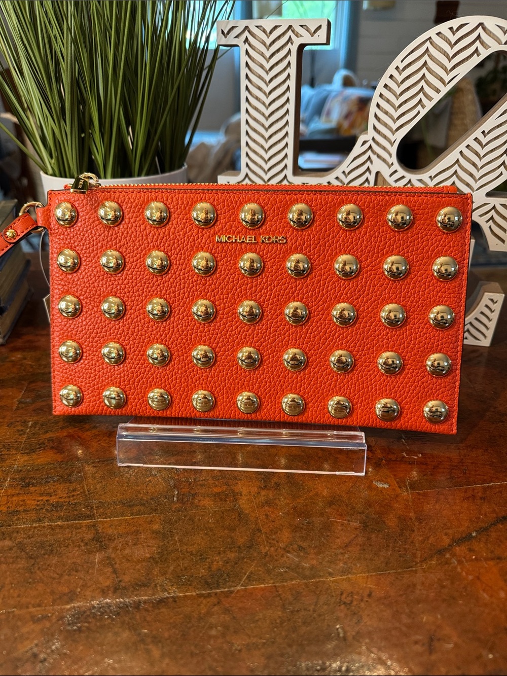Michael Kors Red Clay Pebbled Leather Studded Wristlet
